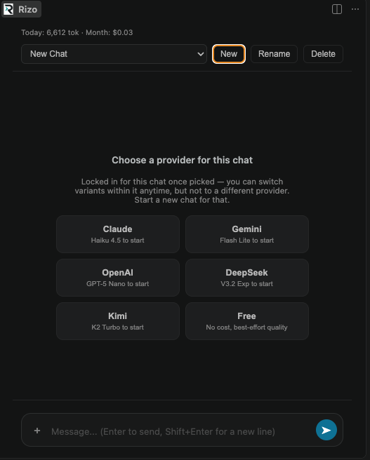 Rizo's new-chat provider picker, showing Claude, Gemini, OpenAI, DeepSeek, Kimi, and Free as options, each labeled with the variant it starts on